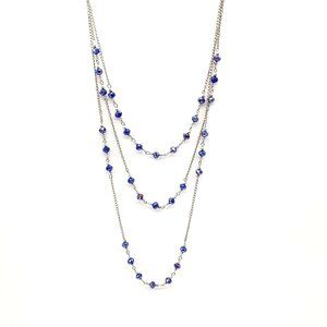 Necklace Womens Beaded Costume Blue Iridescent Rondelle Waterfall Silver Tone